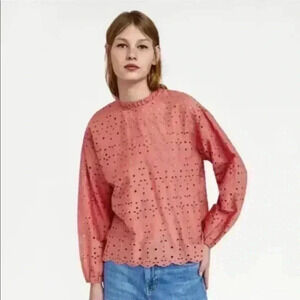 ZARA | Salmon Pink Eyelet Blouse with Ruffle Neckline